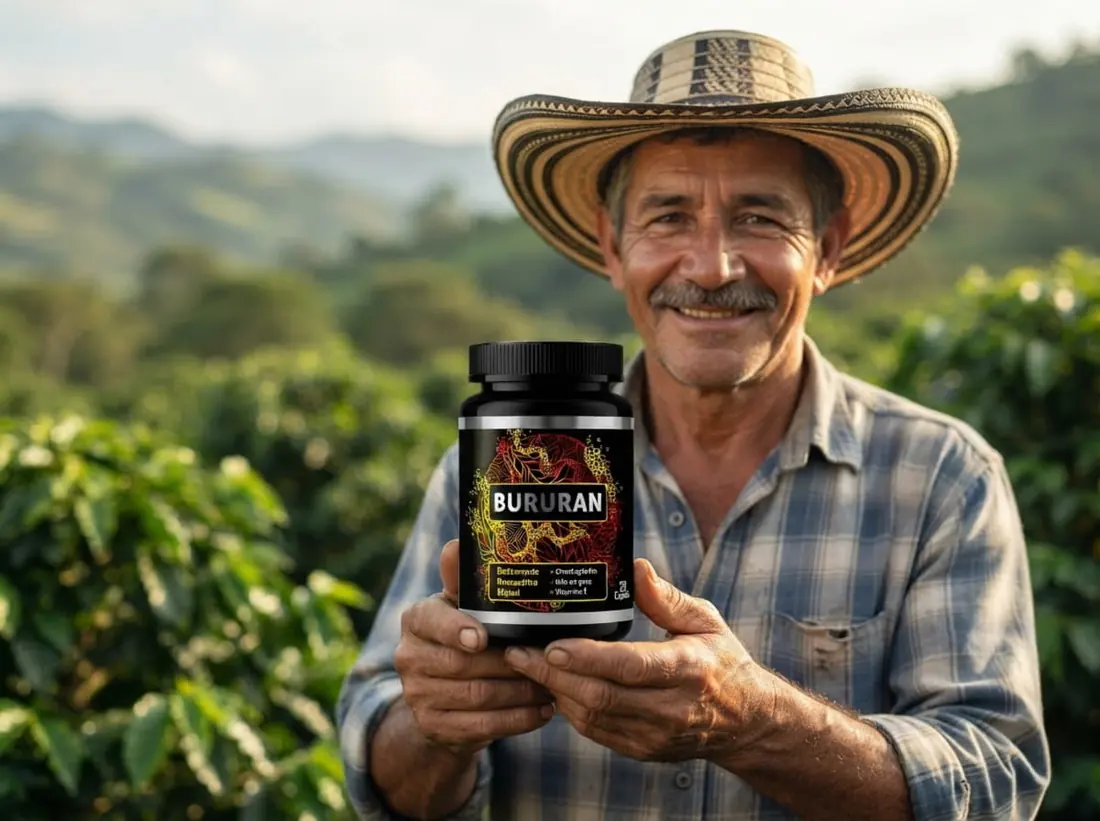 Hombre de unos 50 años al aire libre junto al envase de Bururan Colombia