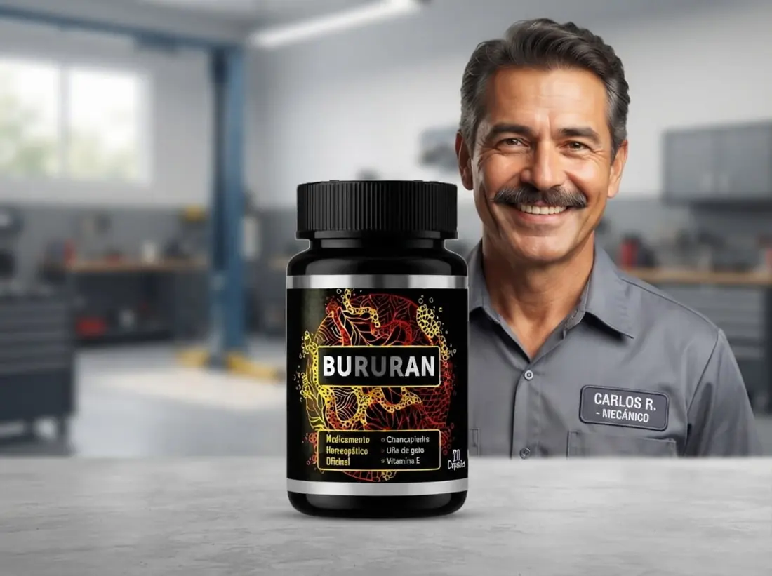 Mecánico adulto junto al envase de Bururan Colombia